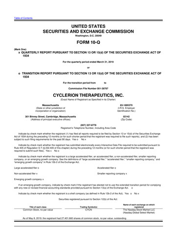 Miniature Cyclerion Therapeutics
 10-Q Rapport trimestriel 2019 