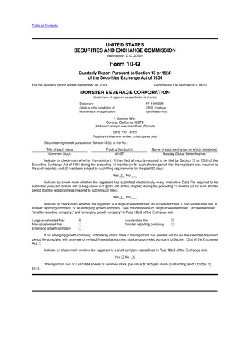 Thumbnail Monster Beverage 10-Q Quarterly Report FY2019 