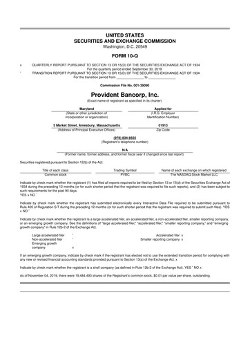 Thumbnail Provident Bancorp
 10-Q Quarterly Report FY2019 