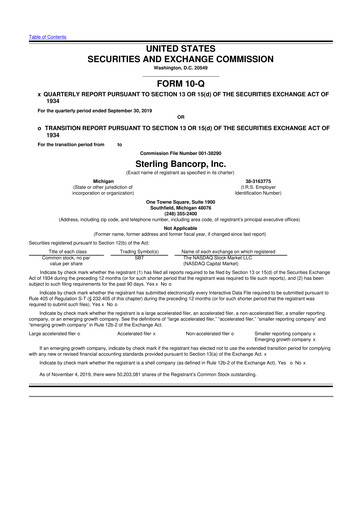Thumbnail Sterling Bancorp 10-Q Quarterly Report FY2019 