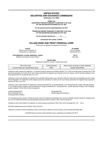 Thumbnail Village Bank and Trust Financial 10-Q Quarterly Report FY2019 