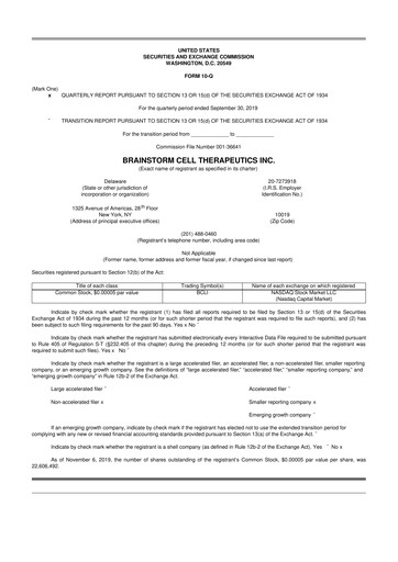 Thumbnail BrainStorm Cell Therapeutics 10-Q Quarterly Report FY2019 