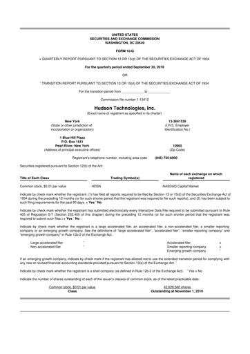 Thumbnail Hudson Technologies 10-Q Quarterly Report FY2019 