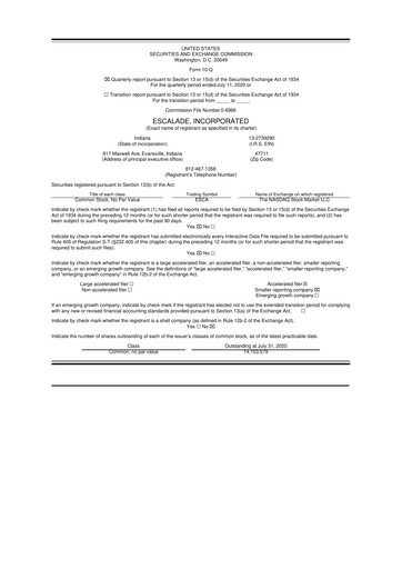 Thumbnail Escalade Sports 10-Q Quarterly Report FY2020 