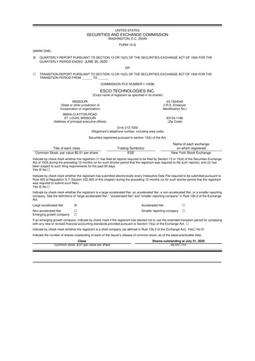 Thumbnail ESCO Technologies
 10-Q Quarterly Report FY2020 