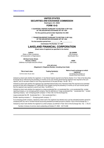 Thumbnail Lakeland Financial Corp 10-Q Quarterly Report FY2020 