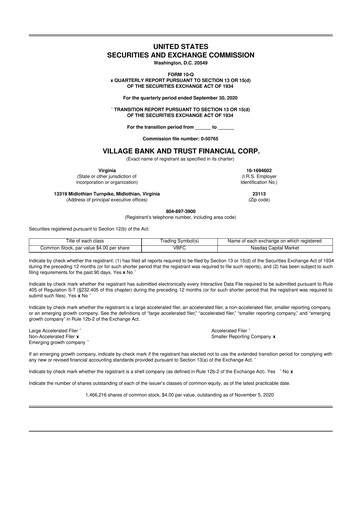 Thumbnail Village Bank and Trust Financial 10-Q Quarterly Report FY2020 