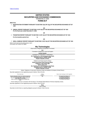 Thumbnail Niu Technologies 20-F Annual Report 2020