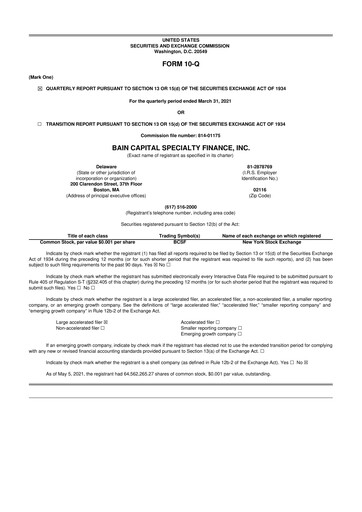 Thumbnail Bain Capital Specialty Finance
 10-Q Quarterly Report FY 