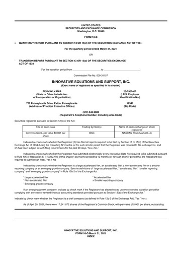 Thumbnail Innovative Solutions and Support 10-Q Quarterly Report FY2021 