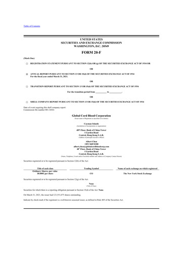 Thumbnail Global Cord Blood 20-F Annual Report 2021