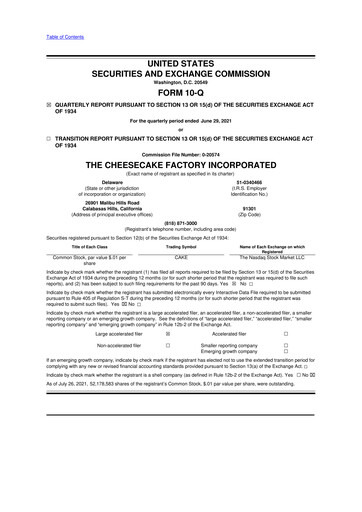 Vorschaubild The Cheesecake Factory
 10-Q Quartalsbericht 2021 