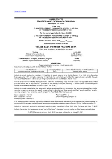 Thumbnail Village Bank and Trust Financial 10-Q Quarterly Report FY2021 