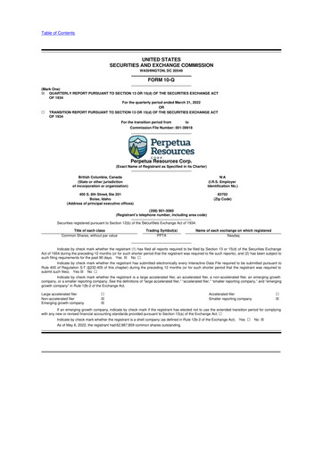 Miniature Perpetua Resources 10-Q Rapport trimestriel 2022 