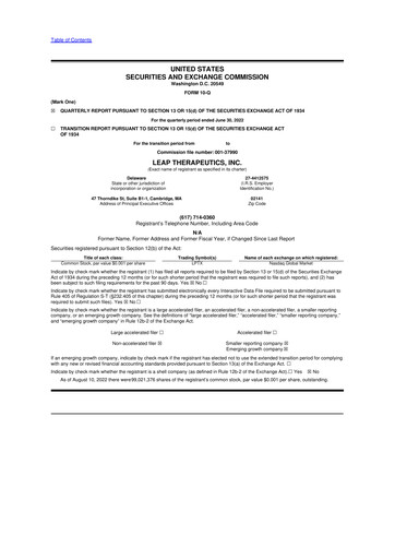 Thumbnail Leap Therapeutics
 10-Q Quarterly Report FY2022 