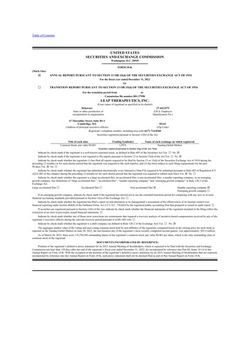 Miniature Leap Therapeutics
 10-K Rapport annuel 2022