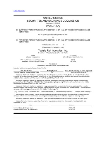 Miniature Tootsie Roll Industries
 10-Q Rapport trimestriel 2025 