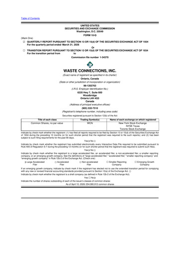 Thumbnail Waste Connections 10-Q Quarterly Report FY 