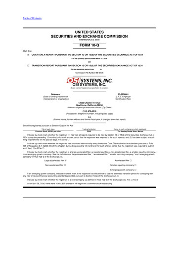 Miniature OSI Systems
 10-Q Rapport trimestriel  