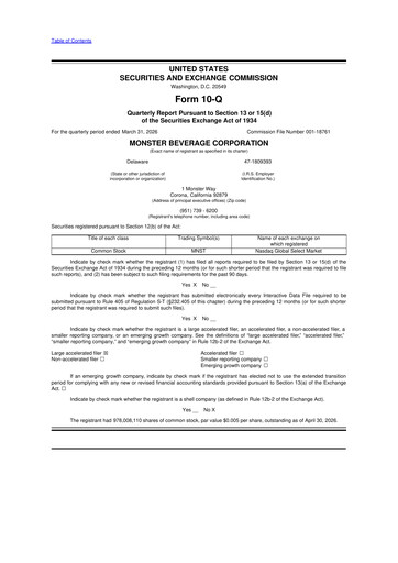 Thumbnail Monster Beverage 10-Q Quarterly Report FY 