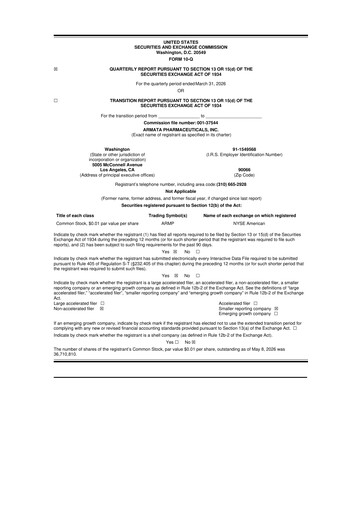 Miniature Armata Pharmaceuticals 10-Q Rapport trimestriel  