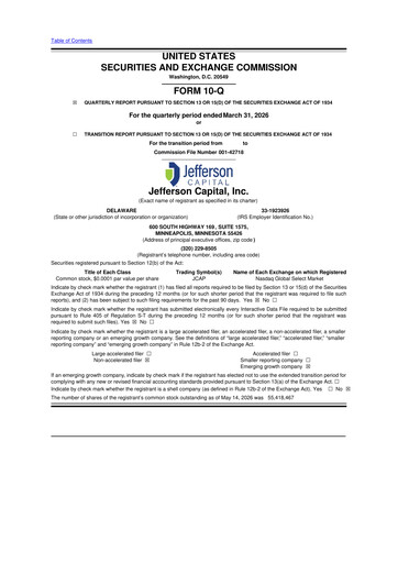 Miniature Jefferson Capital 10-Q Rapport trimestriel  