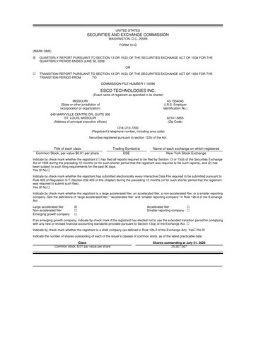 Thumbnail ESCO Technologies
 10-Q Quarterly Report FY2026 