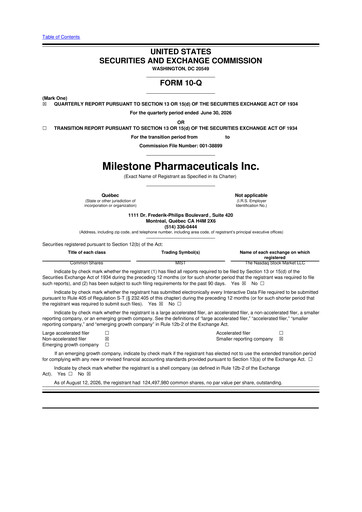 Thumbnail Milestone Pharmaceuticals
 10-Q Quarterly Report FY2026 