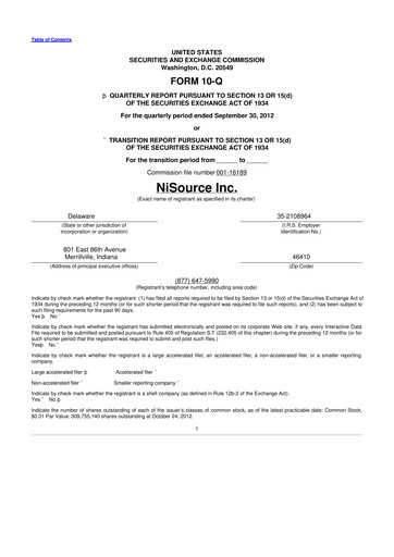 Thumbnail NiSource
 10-Q Quarterly Report FY2012 