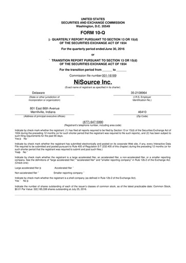 Thumbnail NiSource
 10-Q Quarterly Report FY2016 