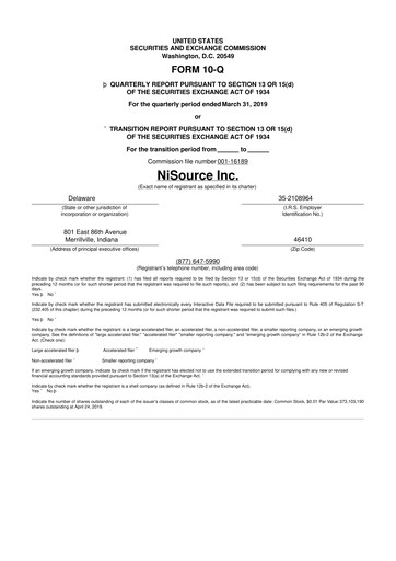 Thumbnail NiSource
 10-Q Quarterly Report FY2019 