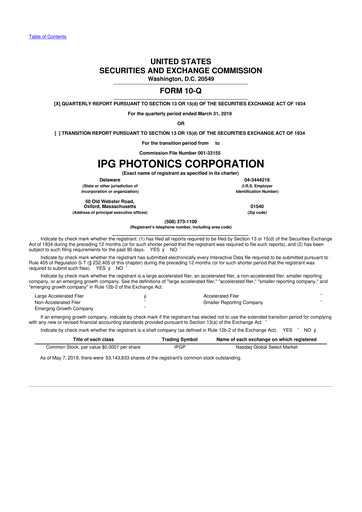 Thumbnail IPG Photonics 10-Q Quarterly Report FY2019 