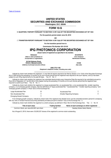 Thumbnail IPG Photonics 10-Q Quarterly Report FY2019 