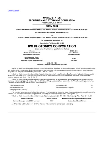 Thumbnail IPG Photonics 10-Q Quarterly Report FY2019 