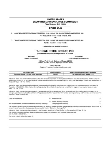 Thumbnail T. Rowe Price
 10-Q Quarterly Report FY2022 