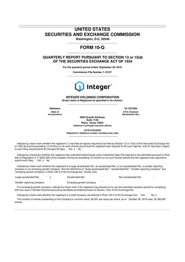 Vorschaubild Integer Holdings
 10-Q Quartalsbericht 2018 