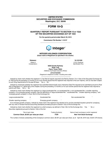 Vorschaubild Integer Holdings
 10-Q Quartalsbericht 2019 