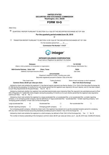 Vorschaubild Integer Holdings
 10-Q Quartalsbericht 2019 
