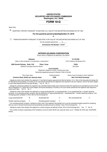 Vorschaubild Integer Holdings
 10-Q Quartalsbericht 2019 