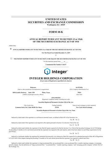 Thumbnail Integer Holdings
 10-K Annual Report 2019