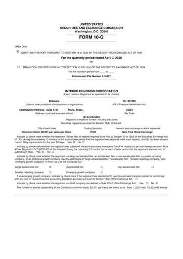Vorschaubild Integer Holdings
 10-Q Quartalsbericht 2020 