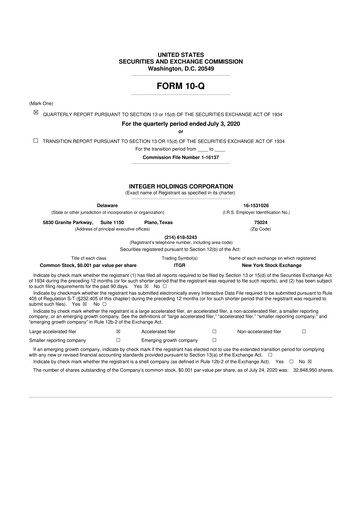 Vorschaubild Integer Holdings
 10-Q Quartalsbericht 2020 