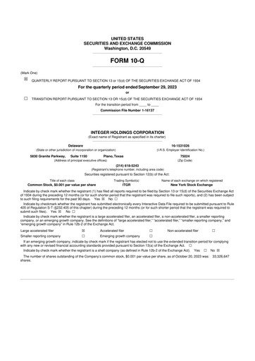 Vorschaubild Integer Holdings
 10-Q Quartalsbericht 2023 
