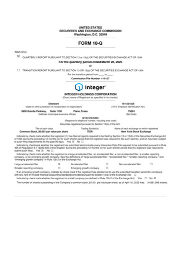 Vorschaubild Integer Holdings
 10-Q Quartalsbericht 2025 