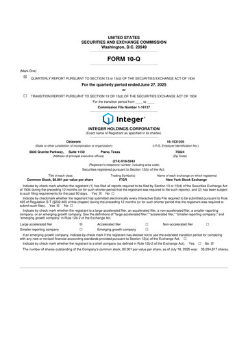 Vorschaubild Integer Holdings
 10-Q Quartalsbericht 2025 