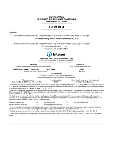 Vorschaubild Integer Holdings
 10-Q Quartalsbericht 2025 