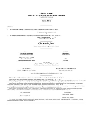 Miniature Chimerix 10-K Rapport annuel 2018