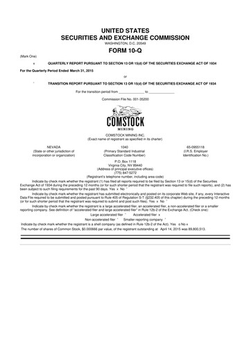 Thumbnail Comstock Inc. 10-Q Quarterly Report FY2015 