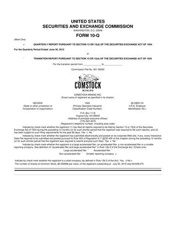 Thumbnail Comstock Inc. 10-Q Quarterly Report FY2015 