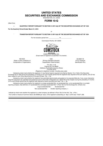 Thumbnail Comstock Inc. 10-Q Quarterly Report FY2016 